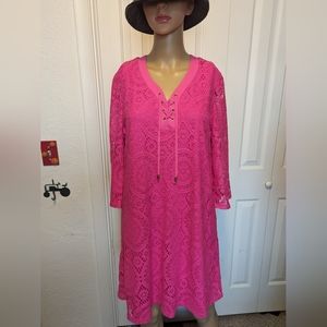 TACERA Dress Womens Hot Pink Fully Lined Lace Crochet All Size M 3/4 Sleeve
